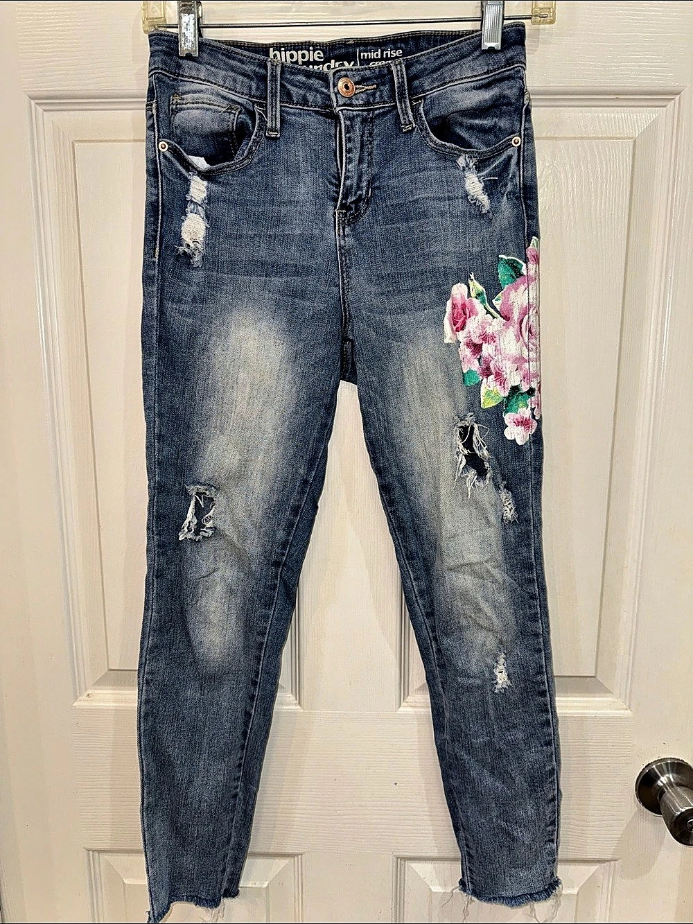 hippie laundry mid rise crop Distressed Floral Skinny Jeans Waist 5